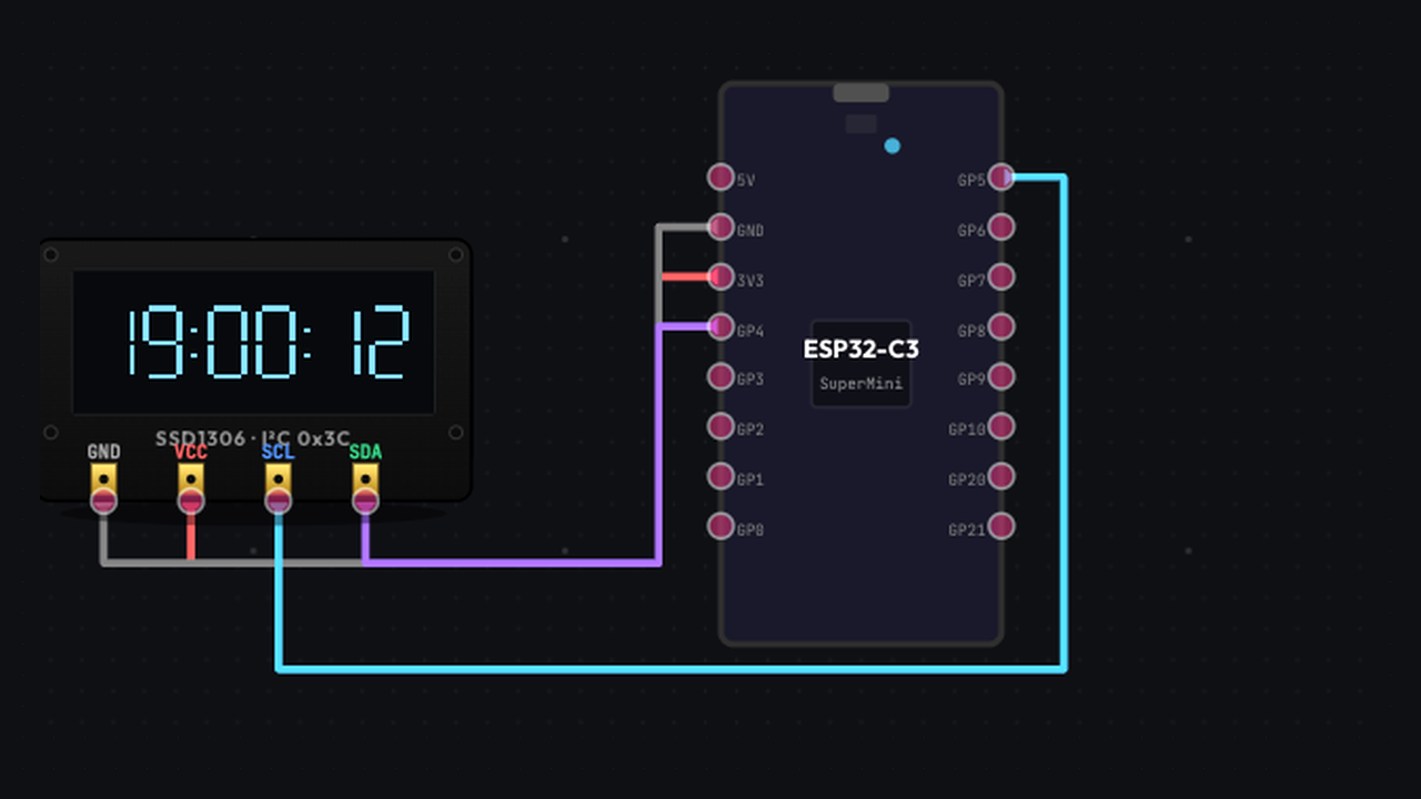 ESP32-C3 SuperMini driving a virtual SSD1306 OLED clock