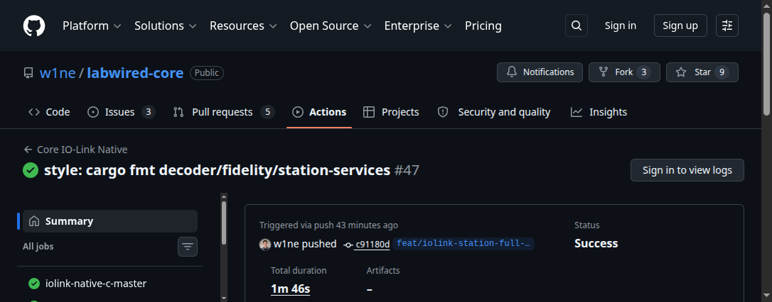 GitHub Actions run for the Core IO-Link Native workflow — status Success, the iolink-native-c-master job green